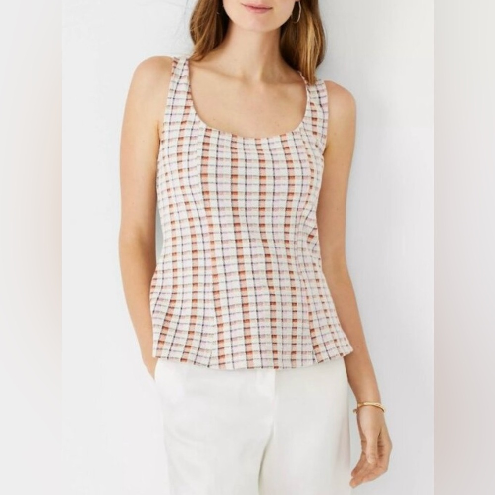 Ann Taylor Madras Plaid Woven Knit Sleeveless Top (M) Ivory Pink Coral